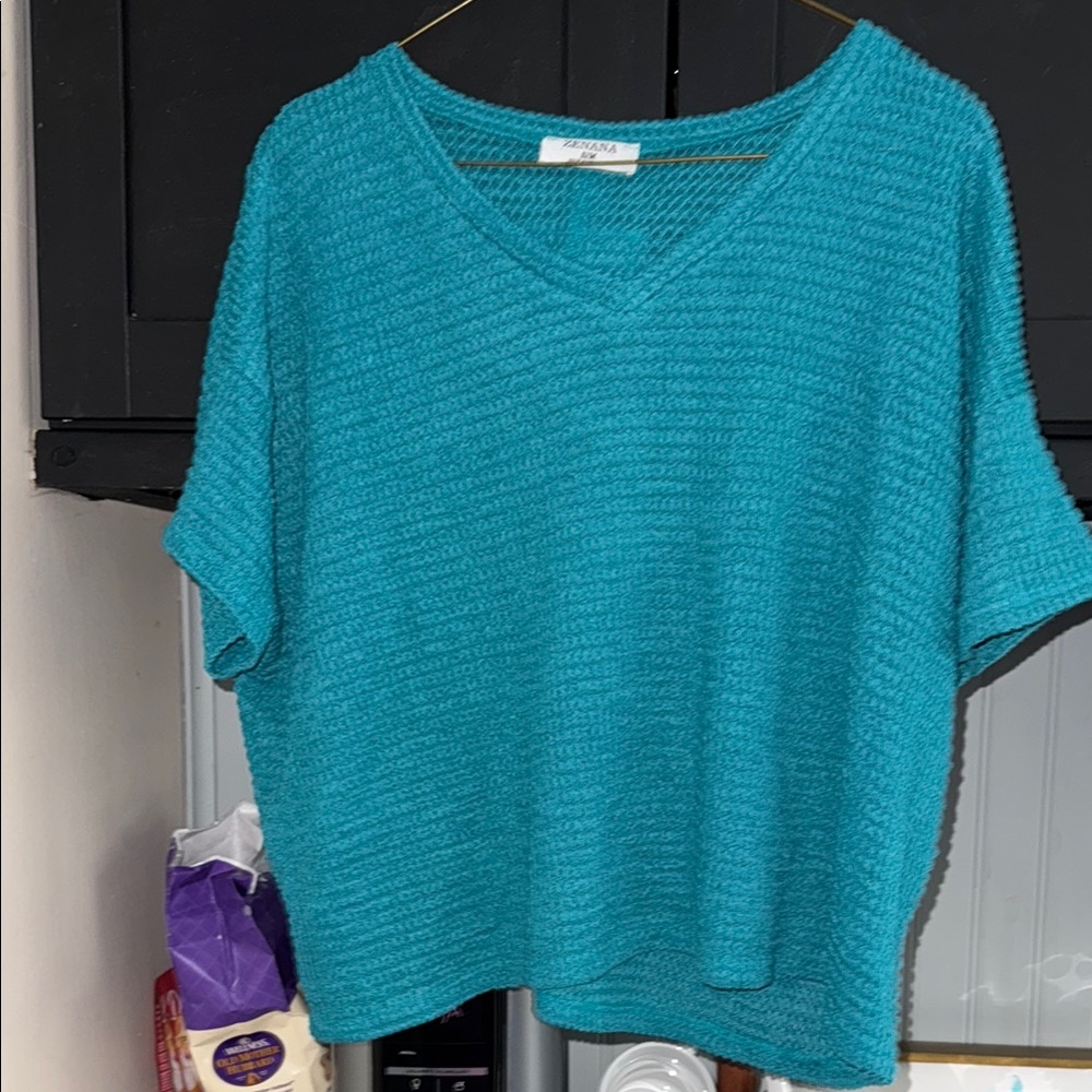 Zenana Outfitters Blue Boxy Ribbed T-Shirt